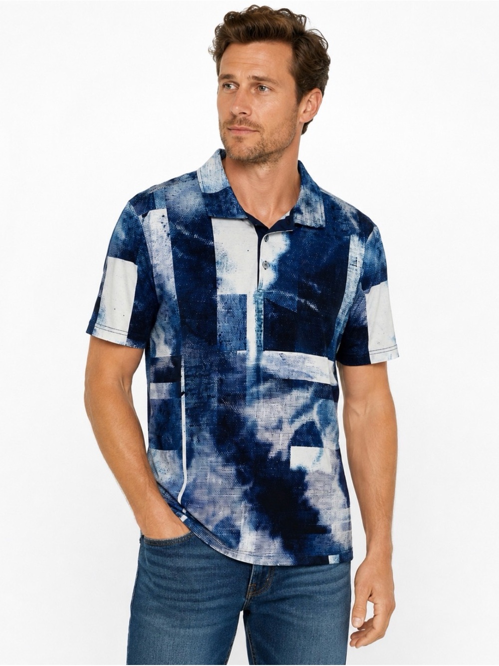 Bugatchi Men’s Hendrix Digital Abstract Print Pima Cotton Polo Blue Size Large